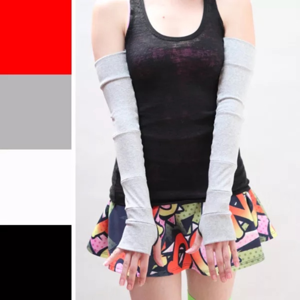 Long Cotton Patchwork Gloves Gray Arm Warmers Goth Clothing Cotton Sleeve Covers - Picture 3 of 5